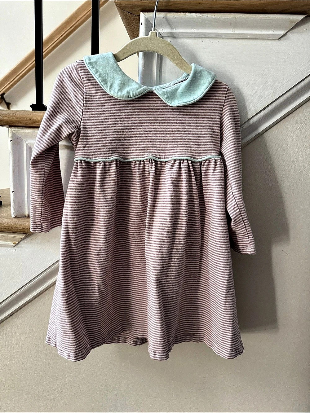StitchyFish Striped Collared Dress in Pinkish Brown & Green Size 2T